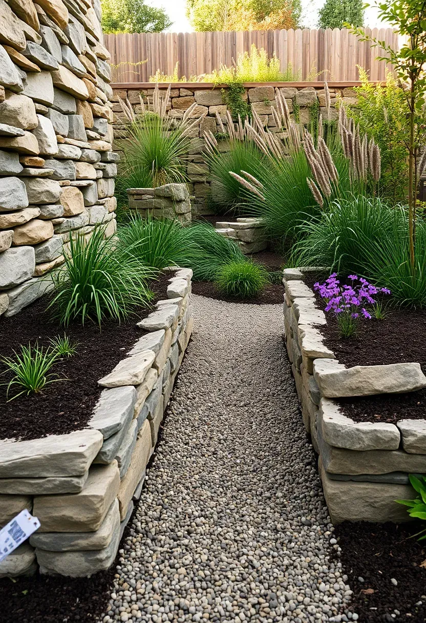 Two raised stone planting beds filled with layered perennials and ornamental grasses flanking a backyard gravel path