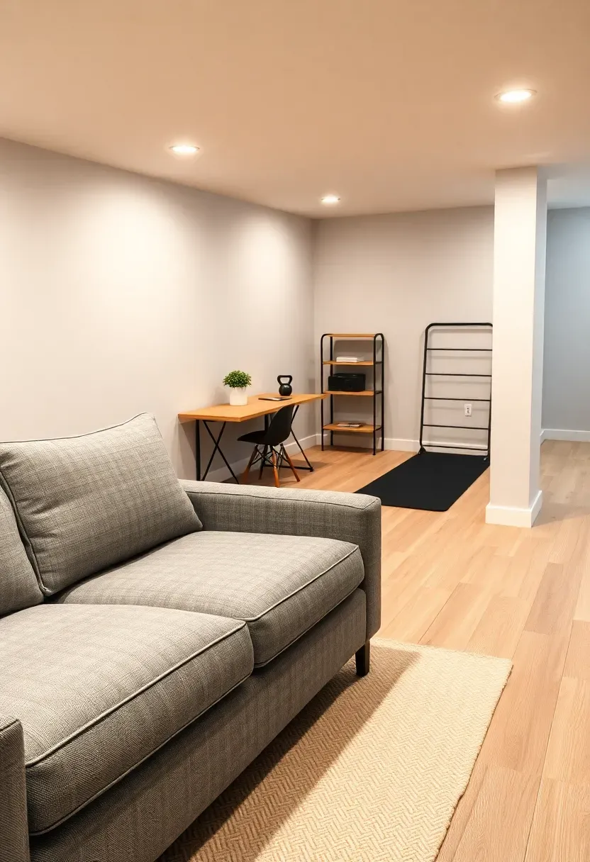 Open-plan finished basement with distinct zones for lounging, working, and exercising, separated by area rugs and furniture arrangement
