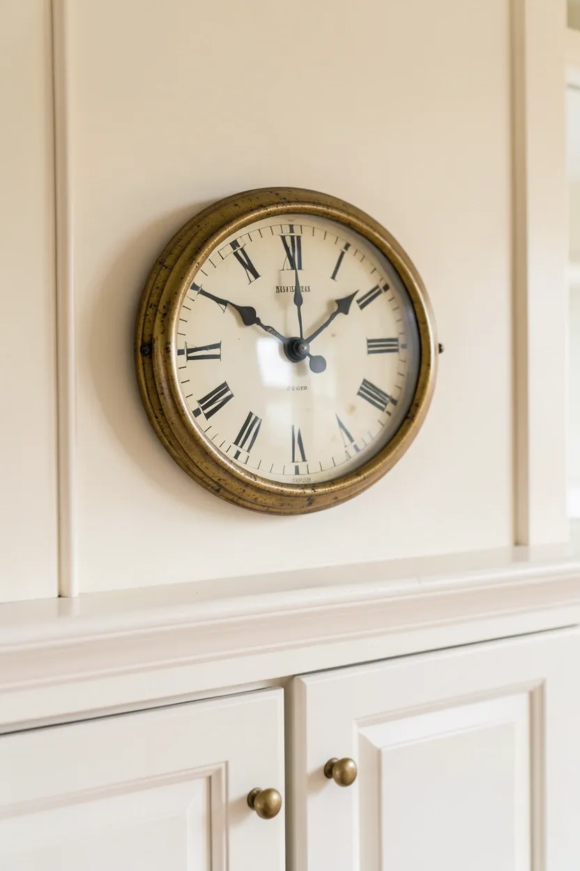 Large rustic metal wall clock and vintage farmhouse signs grouped on a white kitchen wall above white cabinets
