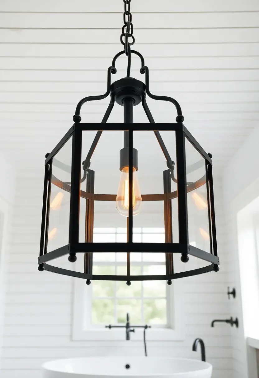 Large black metal lantern pendant light hanging from a high ceiling in a spacious farmhouse-style bathroom