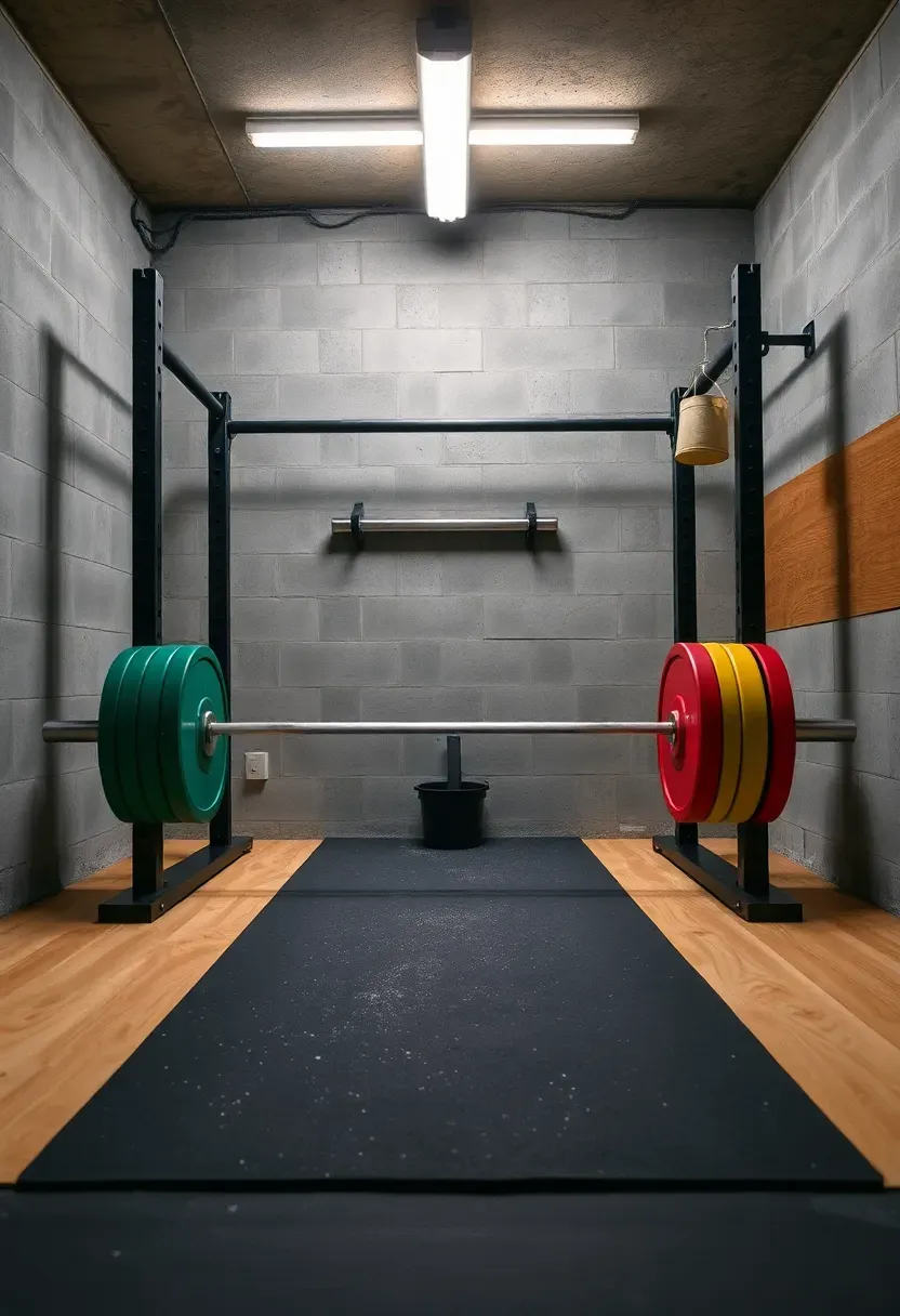 Basement powerlifting platform with deadlift area, heavy-duty rack, chalk bucket, and competition-style bumper plates