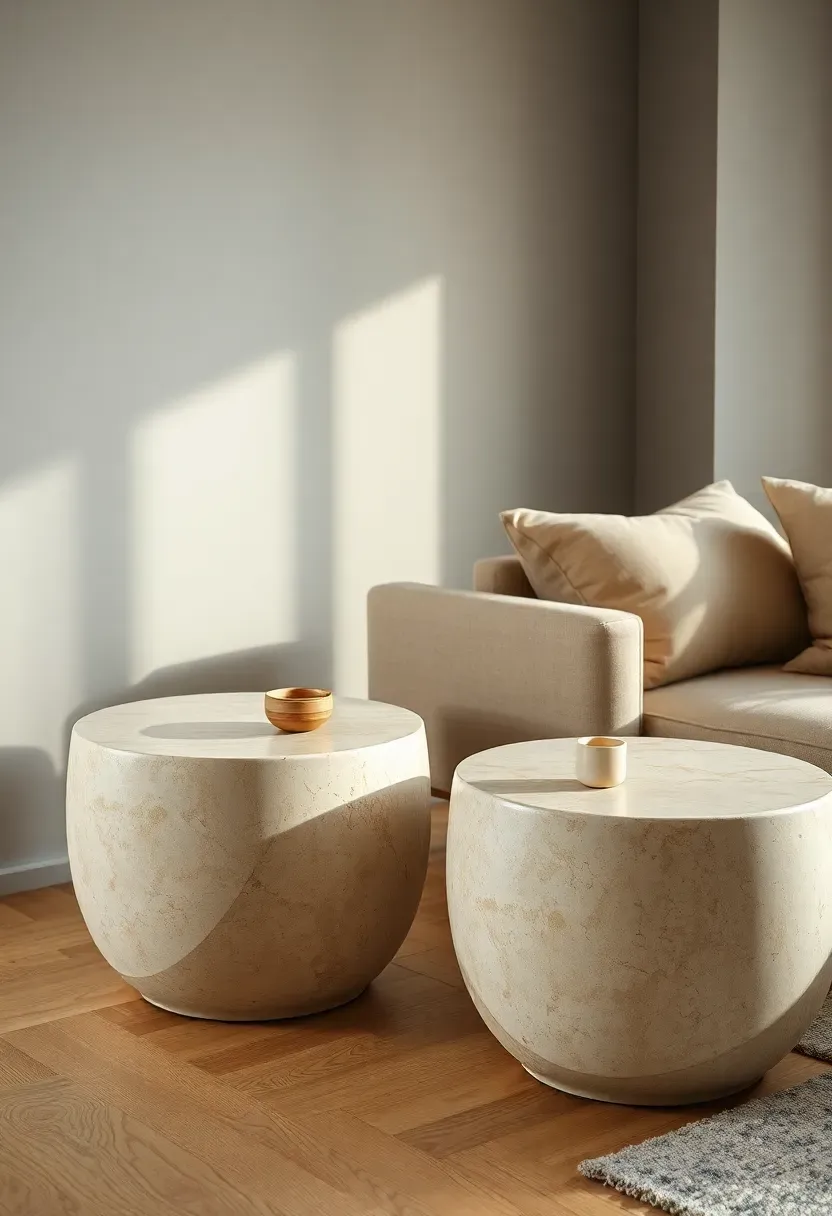 Hyper-realistic 3/4 view of an earthy modern living room featuring two travertine side tables with organic rounded shapes and visible natural pits.