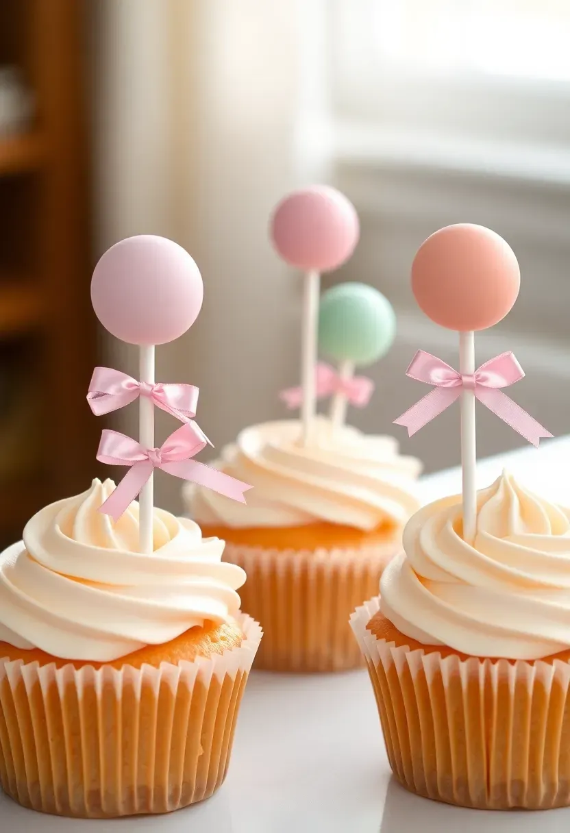 cupcakes with tall balloon shaped cake pop toppers in pastel colors tied with small bows on a celebration table