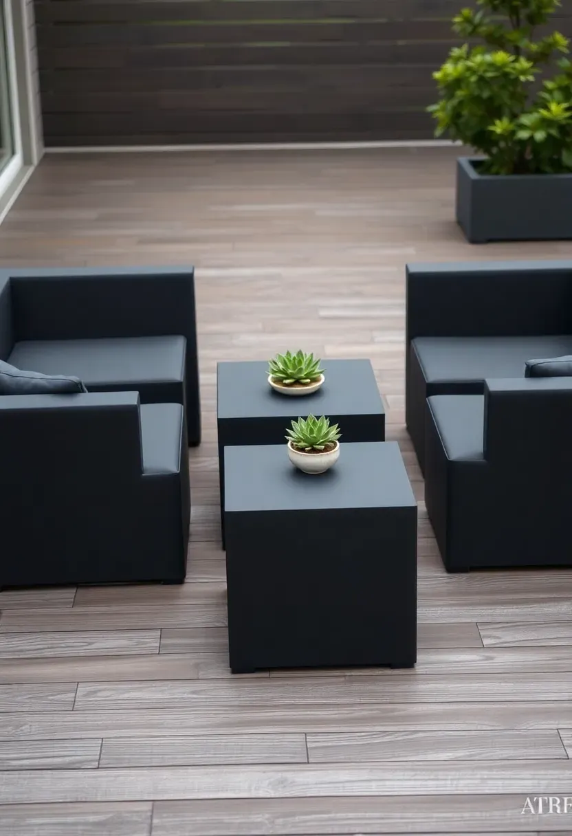 Three modular outdoor cube seats in dark gray arranged around a low square table on a modern backyard deck