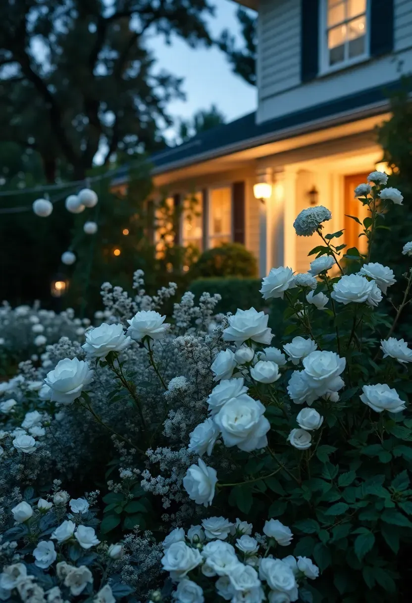 Hyper-realistic 3/4 view of a moonlight garden front yard with white roses, dusty miller, lamb's ear, white hydrangeas, and evening-scented jasmine with subtle landscape lighting creating gentle illumination. Materials: silver and white foliage, white blooms, dark background foliage. Twilight/early evening lighting with subtle landscape lights, luminous white and silver palette. Plants positioned for evening visibility. Visible home entrance with warm welcome light. No text, no logos, no watermarks.</p>