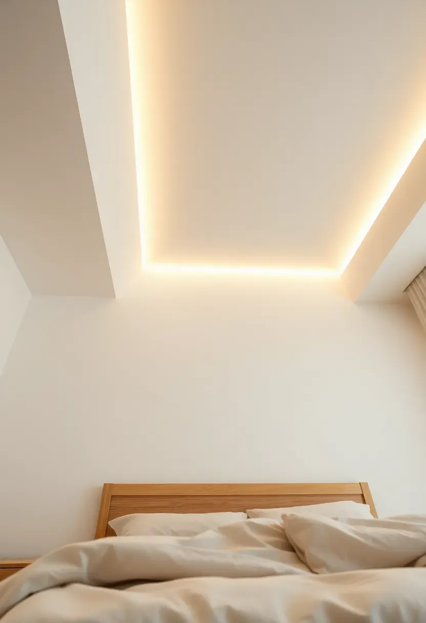 Japandi-style bedroom with a large flat washi-paper pendant centred above the bed casting diffused shadow-free warm light, wall-mounted reading lights on each side, and a low floor lamp in natural wood beside a rattan chair