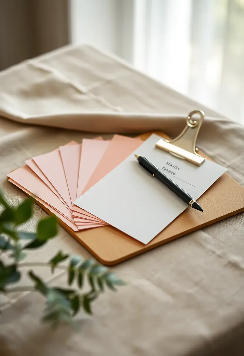 printable baby shower guest book card set with prompt cards asking for wishes advice and book recommendations spread on a linen tablecloth with a decorative clipboard and pen