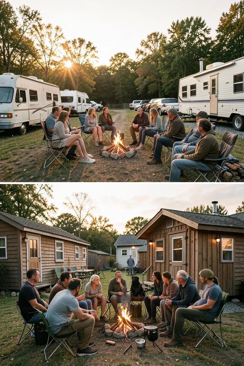 Tiny house community with neighbors gathered outdoors between clustered small homes, showing social connection in alternative housing