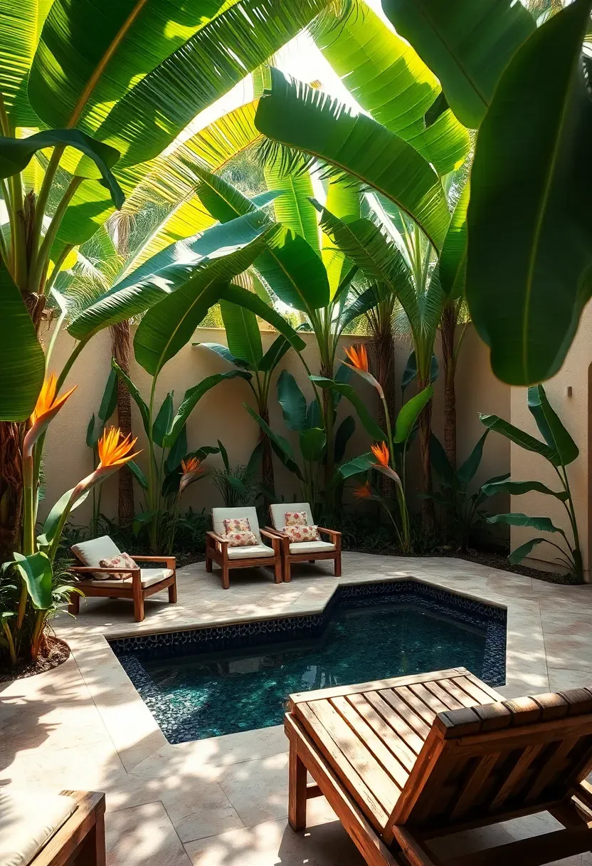 Lush tropical backyard courtyard with banana palms, bird of paradise plants, a small plunge pool, and weathered teak furniture on a stone patio