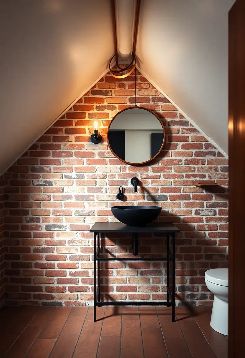 Industrial loft attic bathroom with raw red brick chimney breast, white plaster sloped ceiling, vintage copper round mirror above a black iron console sink, and Edison bulb wall sconce