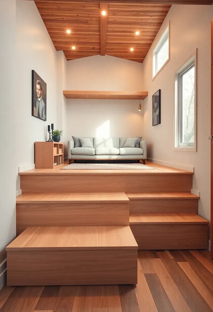 Hyper-realistic 3/4 view of raised platform living area in modern tiny house with steps leading up. Materials: light oak platform flooring, storage drawers visible beneath, minimalist sofa, rug defining zone. Warm ambient lighting from ceiling fixtures. Clean composition showing platform as distinct living zone with steps and storage. Natural flow from lower level to raised space. No text, no logos, interior design magazine style.</p>