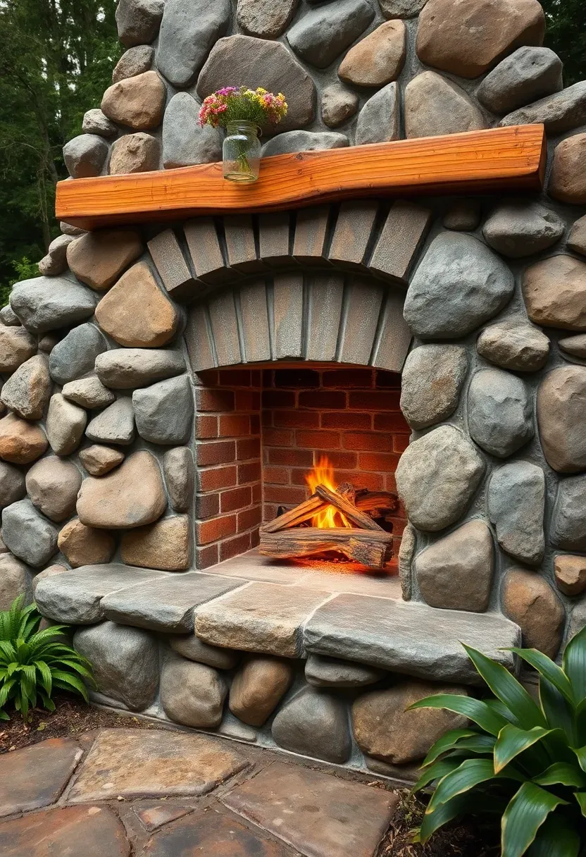 A wide outdoor fireplace built from rounded river rocks with a natural wood mantel shelf in a garden setting with ferns