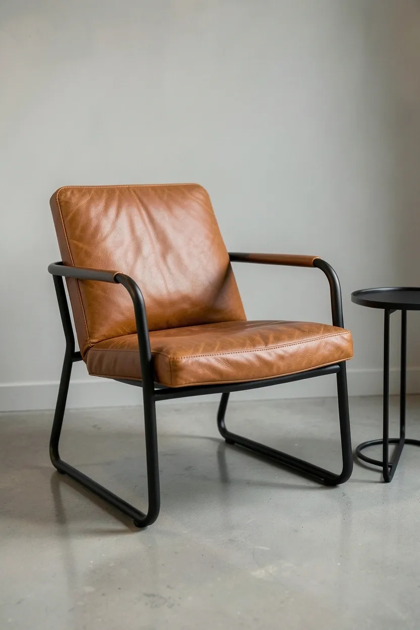 Cognac leather accent chair with exposed matte black steel frame positioned as a reading nook with a small industrial side table in a minimalist rental living room