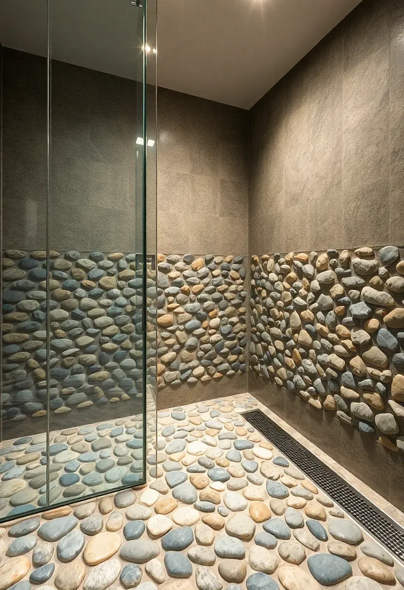 Natural river pebble mosaic floor in grey and tan tones inside a walk-in shower area with glass partition