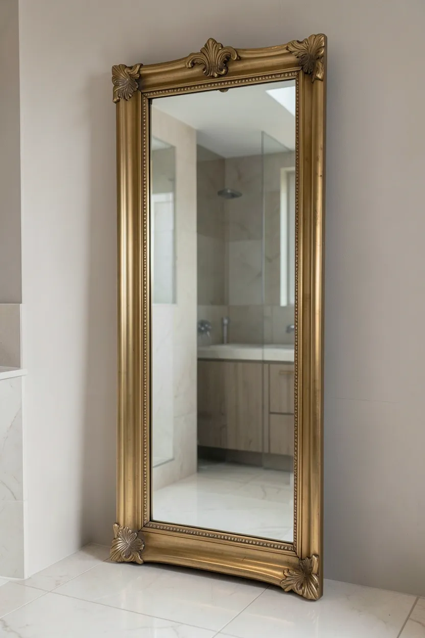 Full-length bathroom mirror with ornate gold frame leaning against a neutral wall in an elegant bathroom