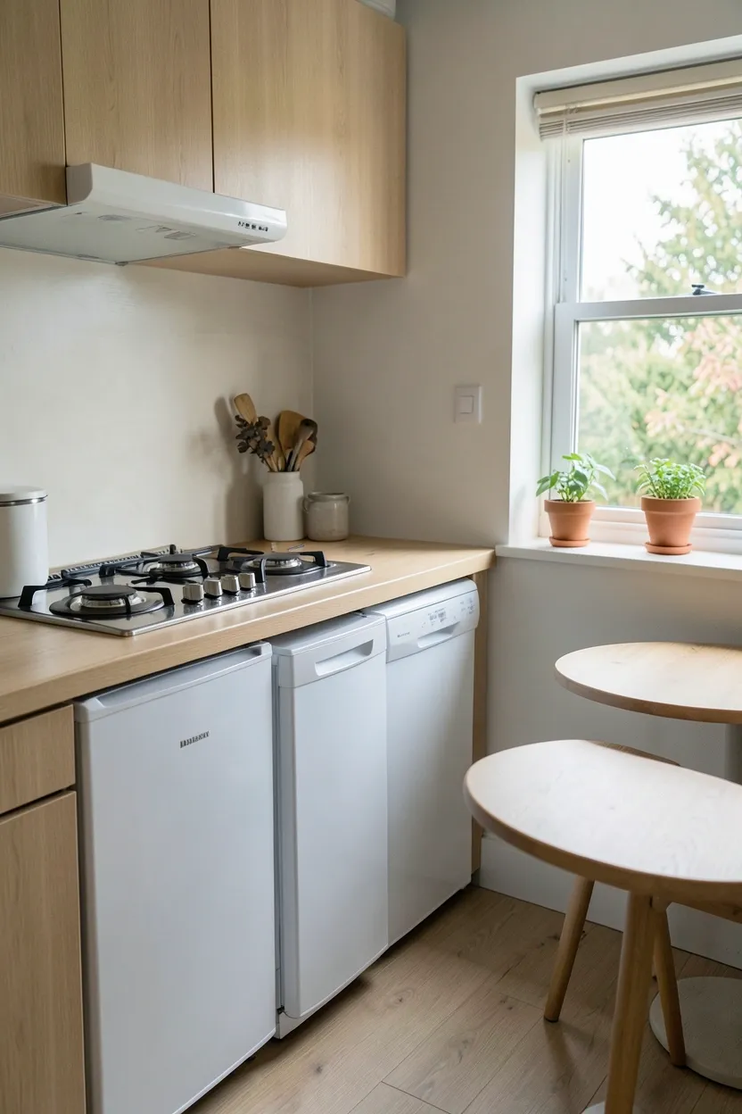 Japandi kitchen pantry door in light wood slab style with recessed pull matching surrounding cabinetry