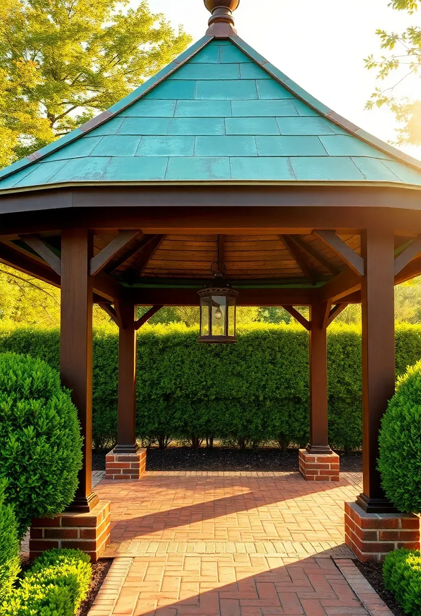 A gazebo with a green patina copper roof catching afternoon sunlight, supported by dark stained timber columns on a brick base, surrounded by boxwood hedges