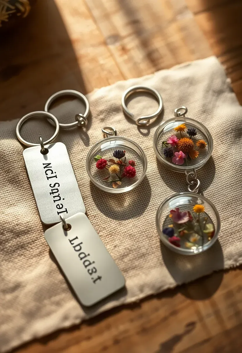 personalized resin and metal keychains with baby shower charms on a linen display cloth
