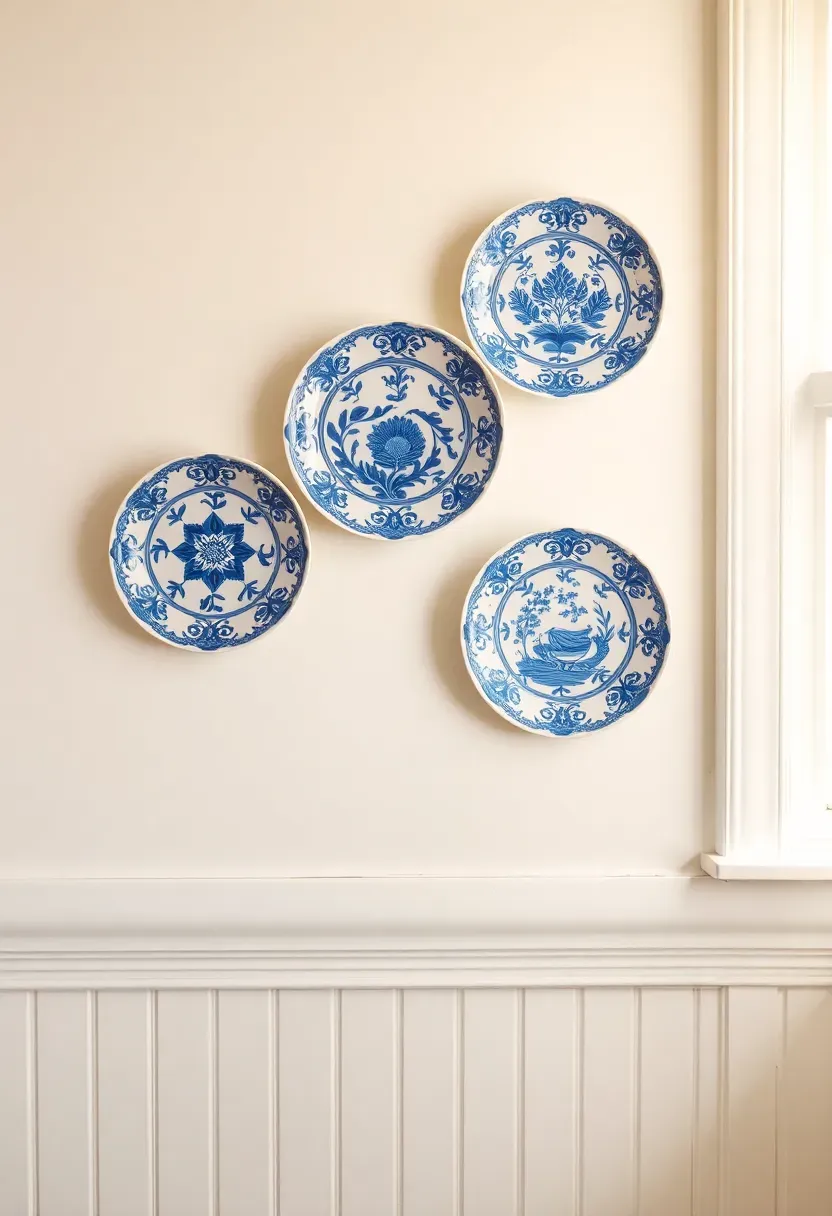 Collection of five hand-painted decorative ceramic plates in blue and white patterns mounted on a warm white bathroom wall