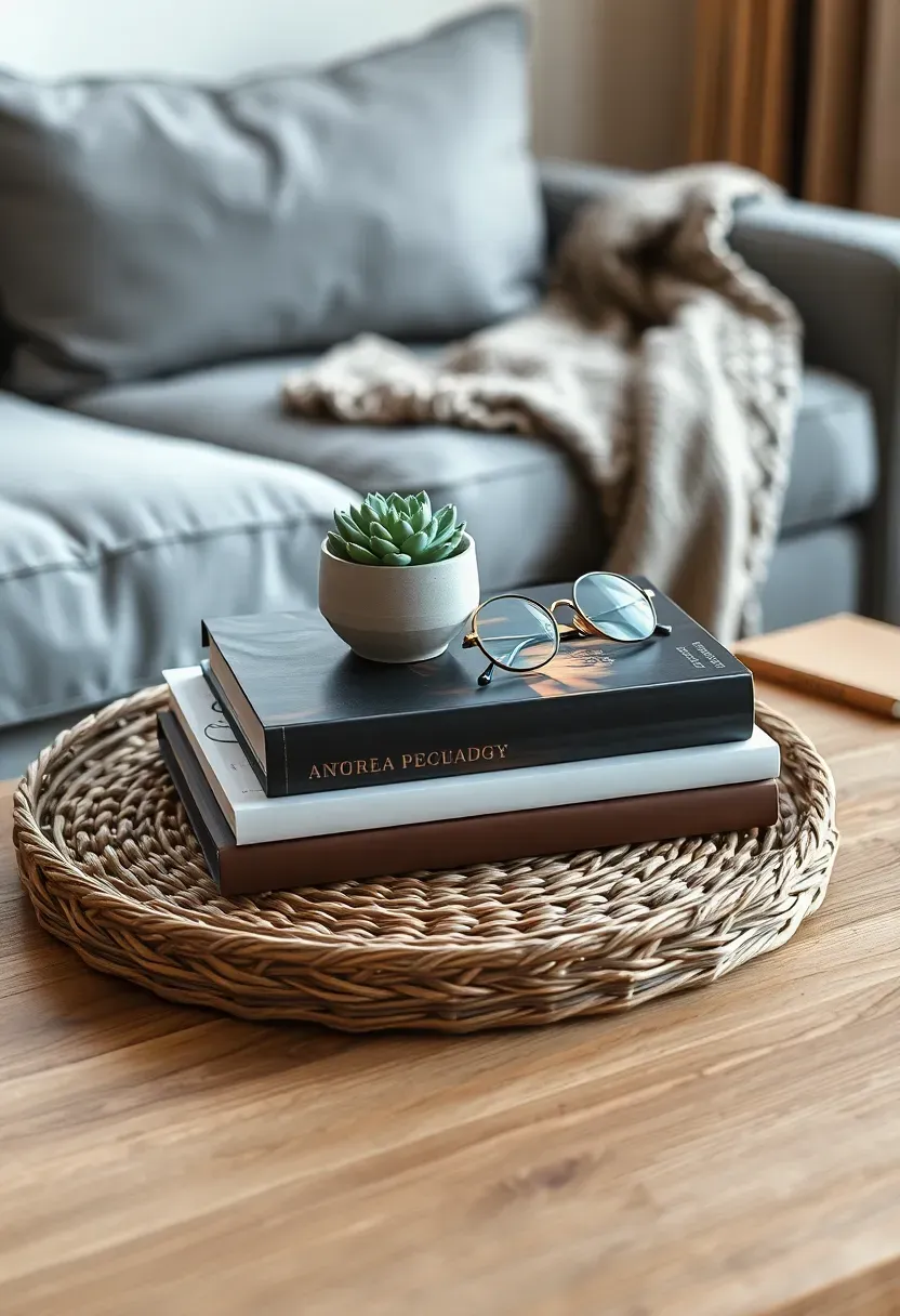 Woven rattan tray styling coffee table books with a small succulent and reading glasses on an oak coffee table