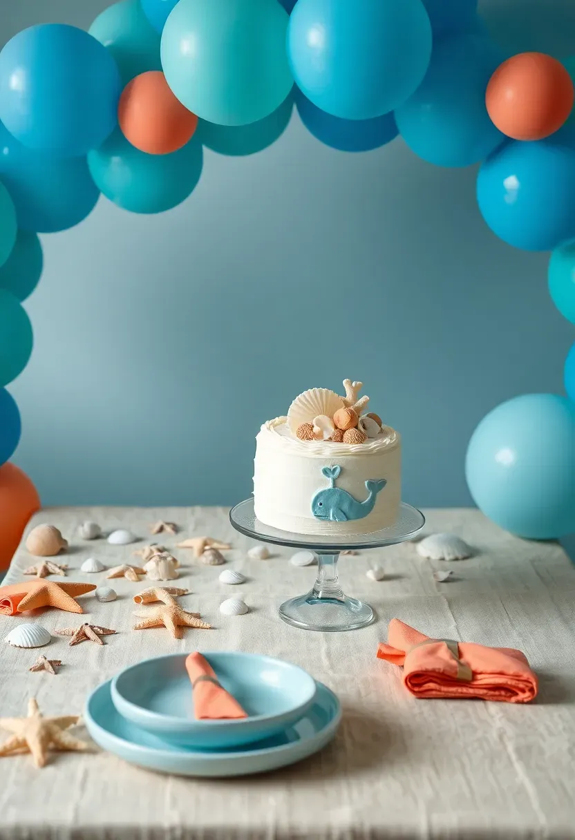 under the sea baby shower with blue and teal balloon arch seashell table scatter coral colored napkins and a whale shaped cake on a sand colored tablecloth