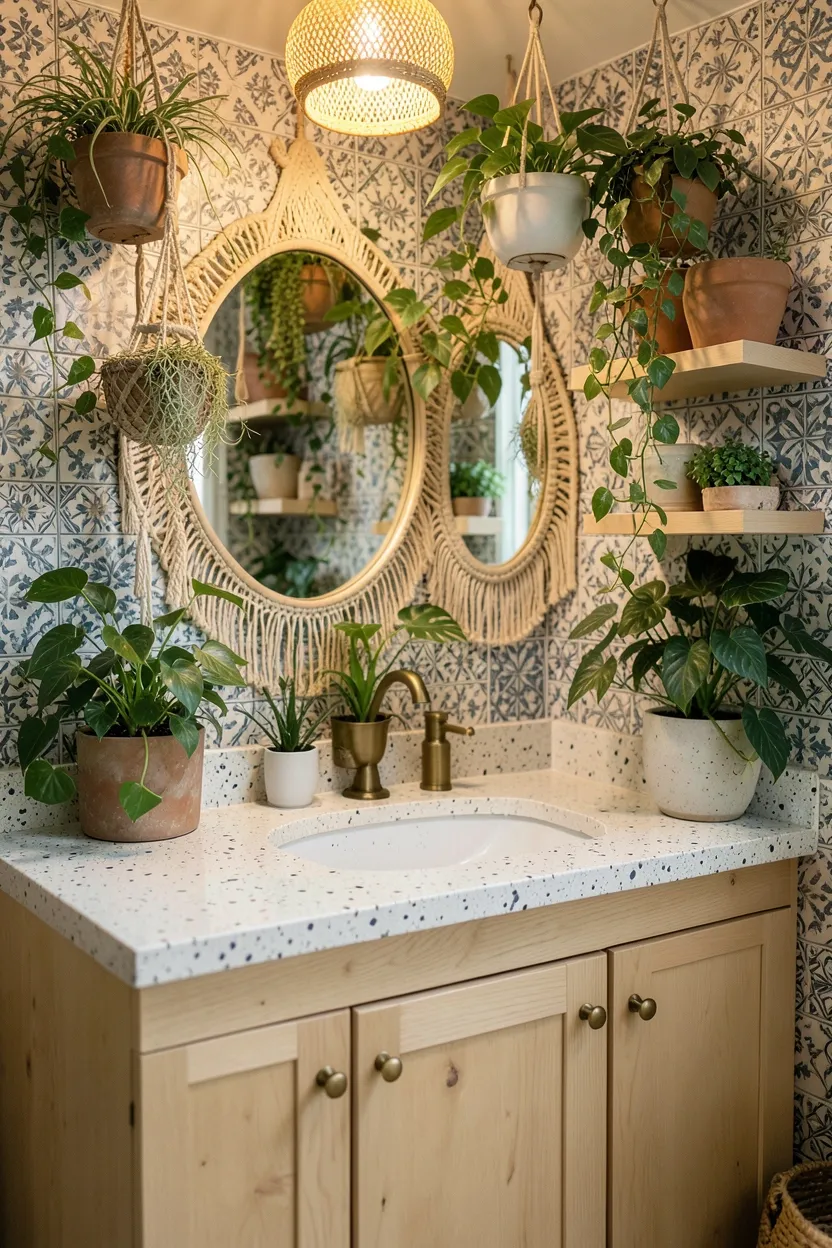 Boho-chic Bloxburg bathroom with hanging plants, brass hardware, rattan light fixture, and freestanding tub