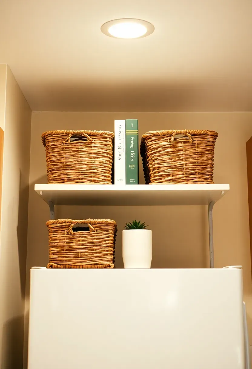 over-refrigerator storage shelf with baskets holding cookbooks and kitchen supplies