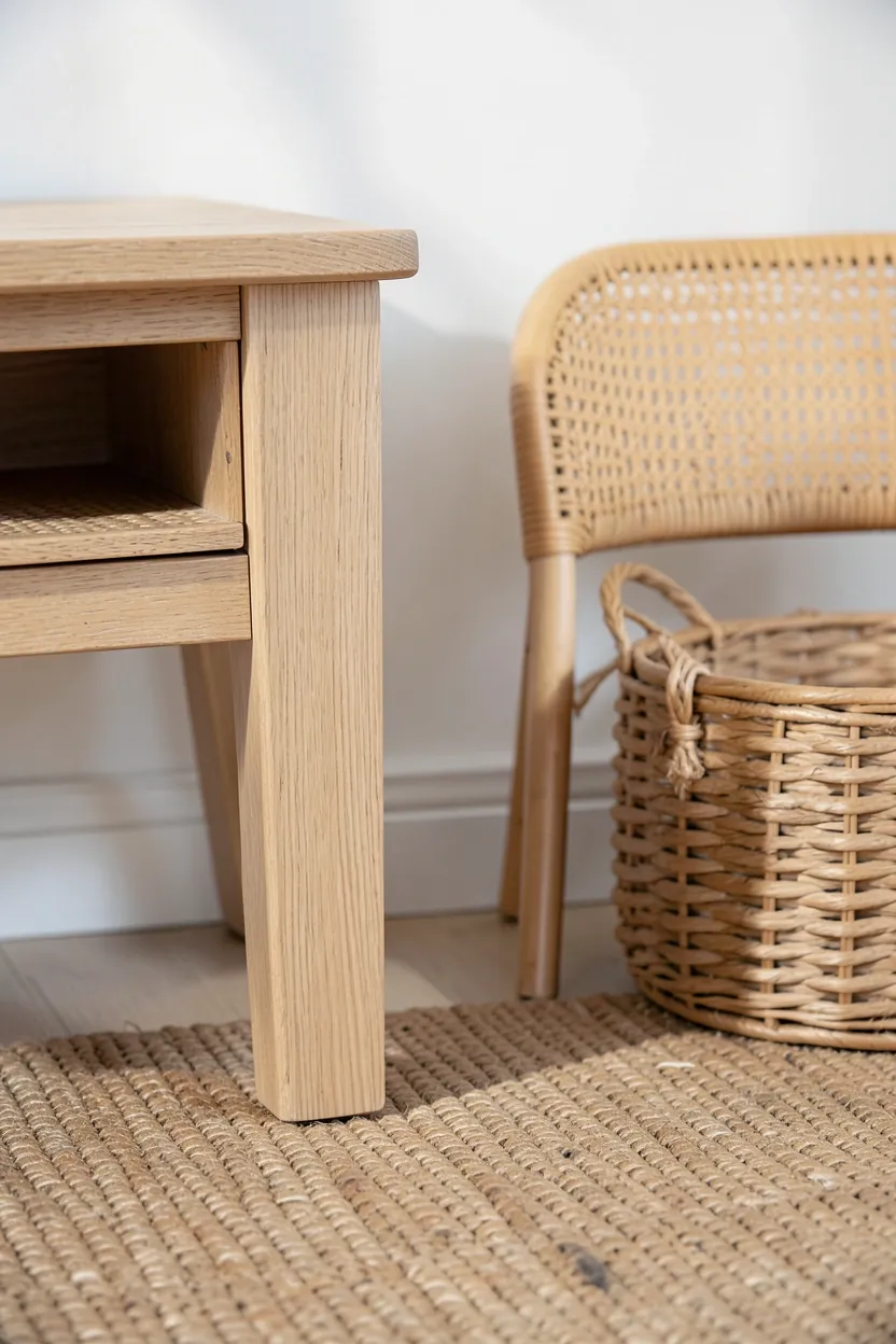 Natural materials in a bohemian interior: light wood furniture with visible grain, rattan chair with woven texture, jute rug, and wicker basket showing the organic craftsmanship central to boho style