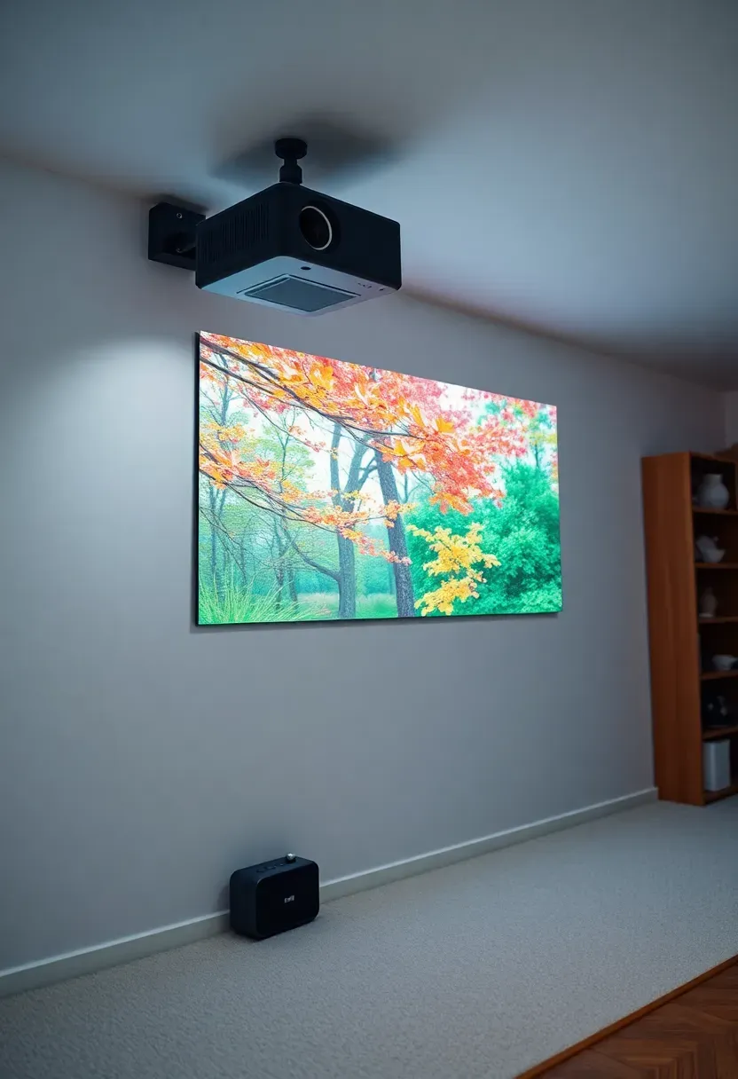 basement playroom with mini projector displaying colorful animation on blank white wall
