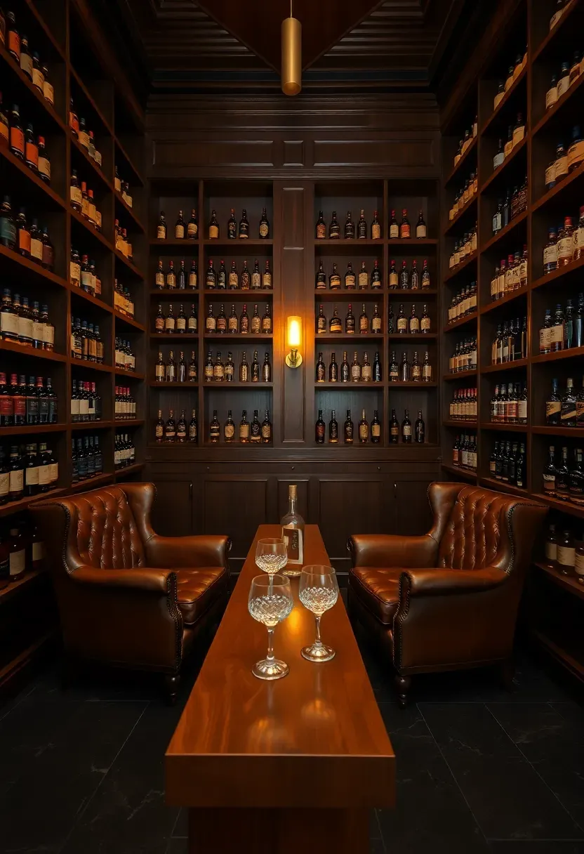Elegant whiskey tasting room with floor-to-ceiling dark wood shelving displaying bottles, leather wingback chairs, warm amber lighting, and a tasting counter