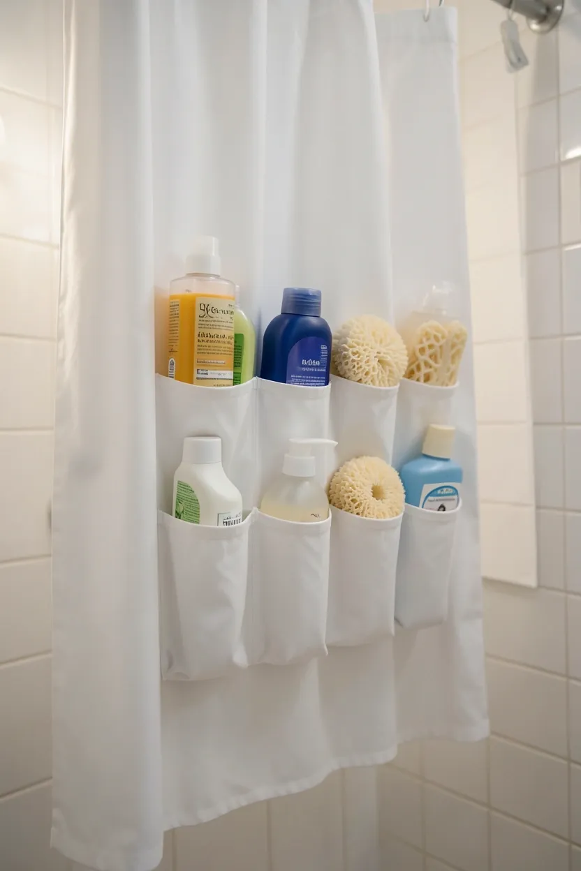 White shower curtain with clear pockets holding shampoo and body wash in a small apartment bathroom