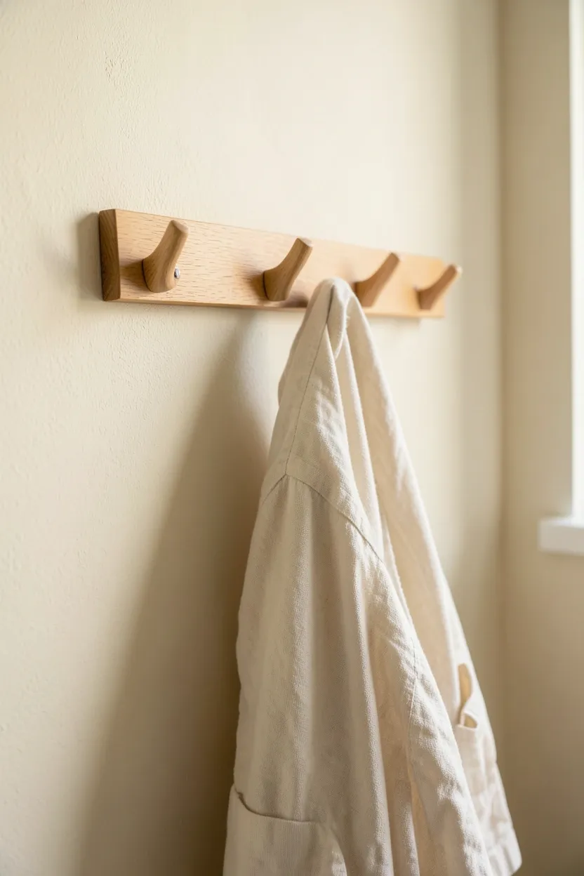 Simple light oak wall hooks mounted near a bedroom door for renter-friendly hanging storage in a japandi apartment