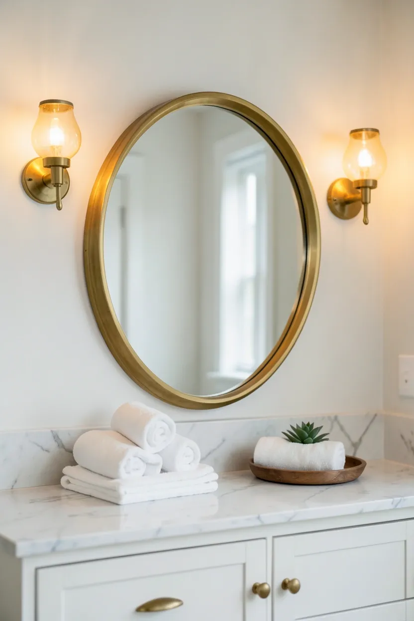 Round brass-framed mirror above a white bathroom vanity, creating a warm focal point in a small apartment bathroom
