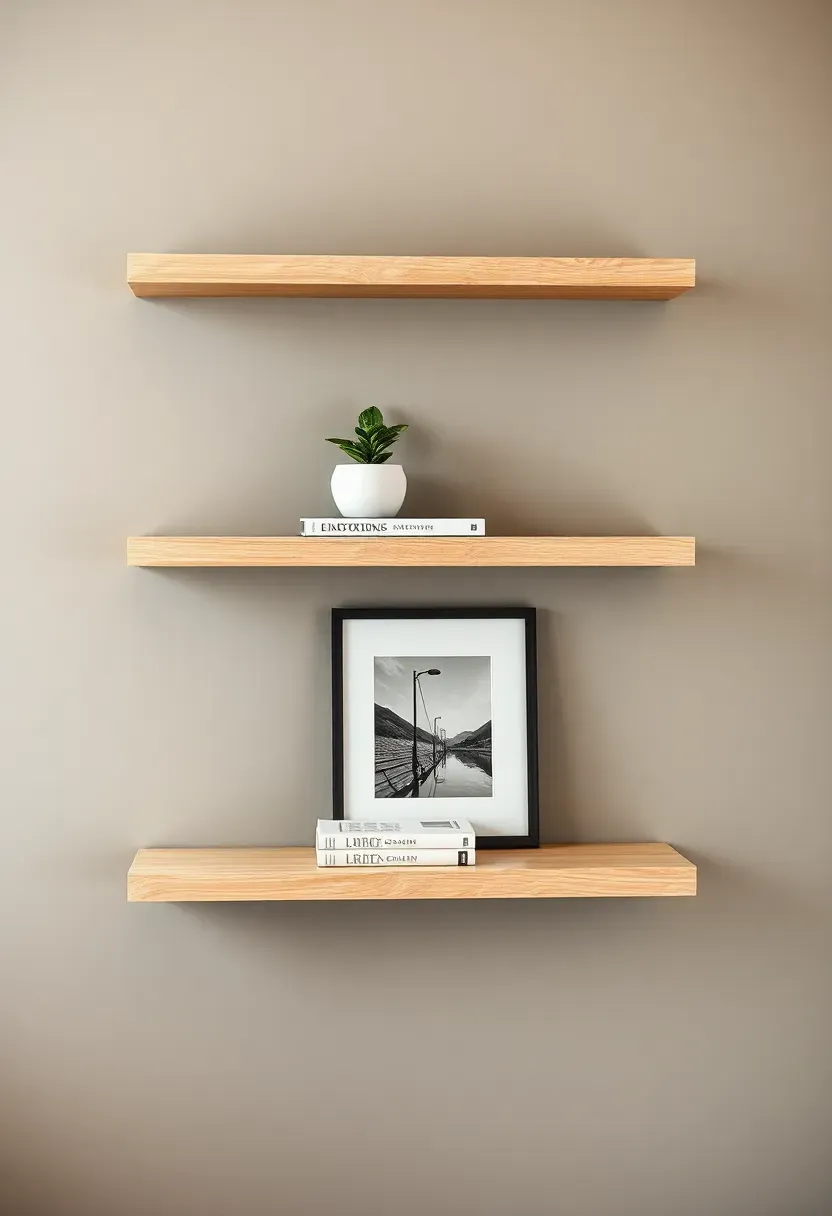 floating wooden shelves styled with ceramics small plants and framed art against a warm gray wall