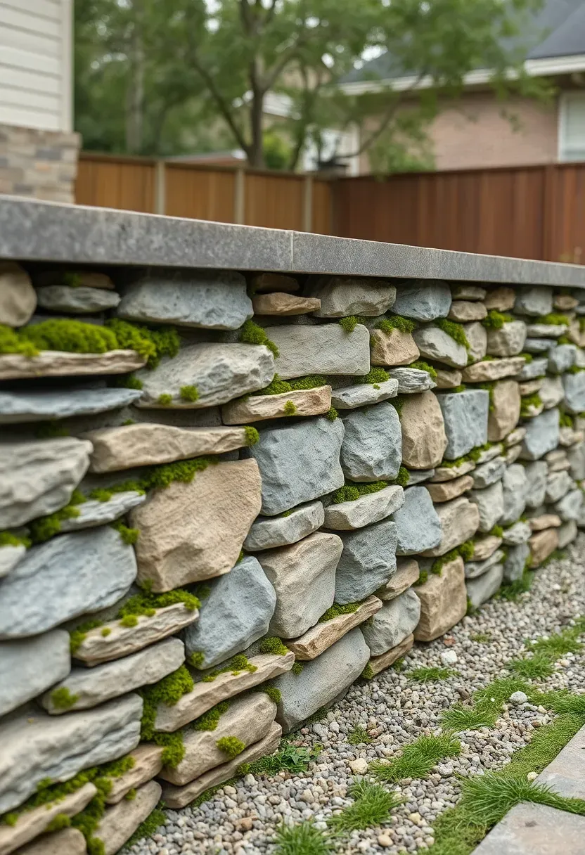 A stacked natural stone wall about four feet tall with irregular edges separating a backyard patio from the neighboring property