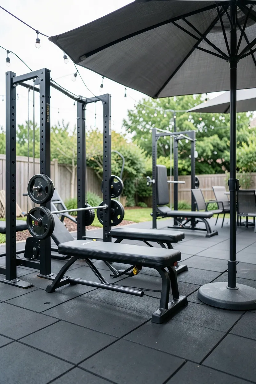 Outdoor patio home gym with weather-resistant weight rack, rubber tiles, and string lights for evening workouts