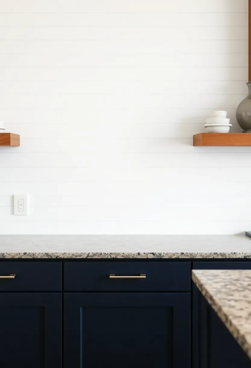 soft white shiplap-style ceramic tile backsplash with horizontal planks above fantasy brown granite countertop and navy lower cabinets