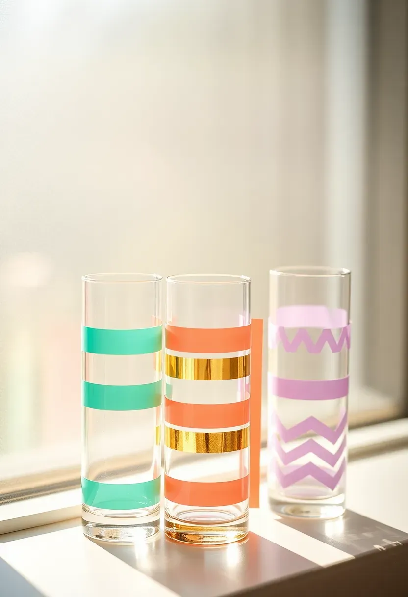 clear glass vases decorated with colorful washi tape in geometric patterns