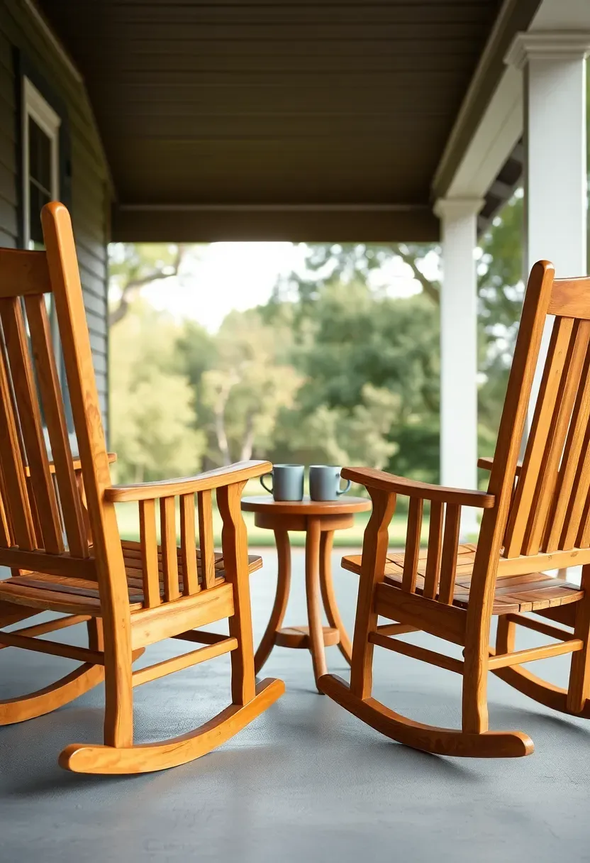 Two acacia wood rocking chairs with slatted backs on a covered back porch with a small table between them and a view of the yard