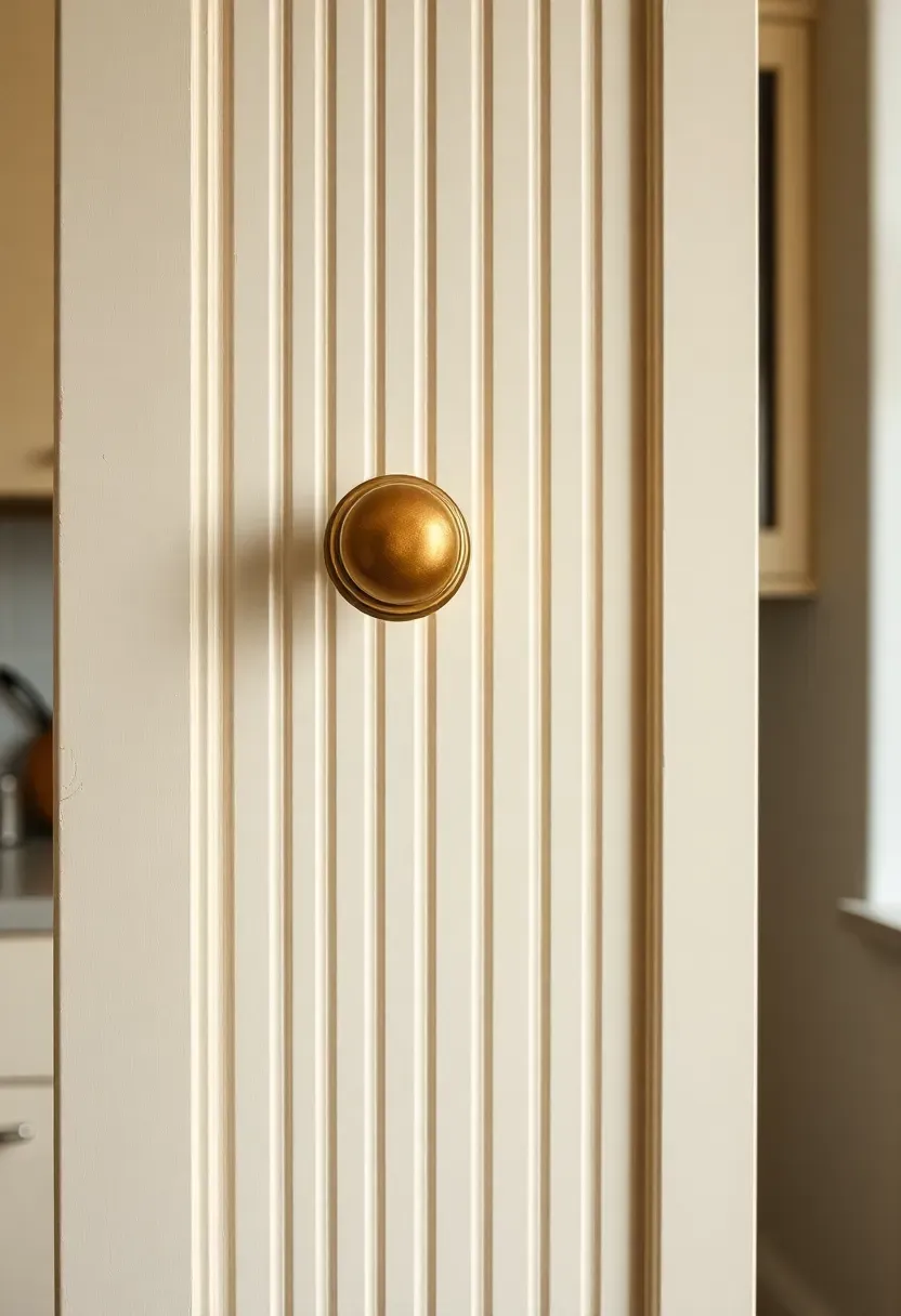 Cream-painted beadboard panels on kitchen cabinet door fronts with a matching beadboard wainscoting wall detail in a charming cottage-style shabby chic kitchen