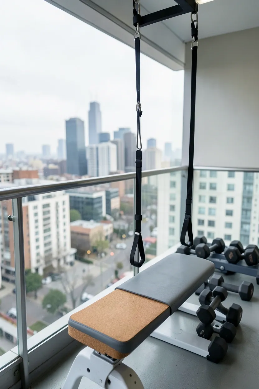 Small apartment balcony gym setup with suspension trainer, yoga mat, and city skyline view — renter-friendly workout space
