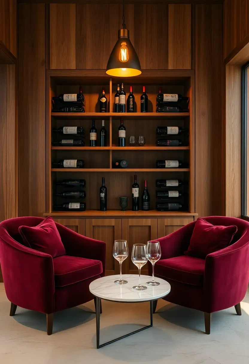 She shed wine and entertaining lounge with built-in walnut wine rack, deep burgundy velvet armchairs, Carrara marble side table, and two stemless glasses under warm pendant light