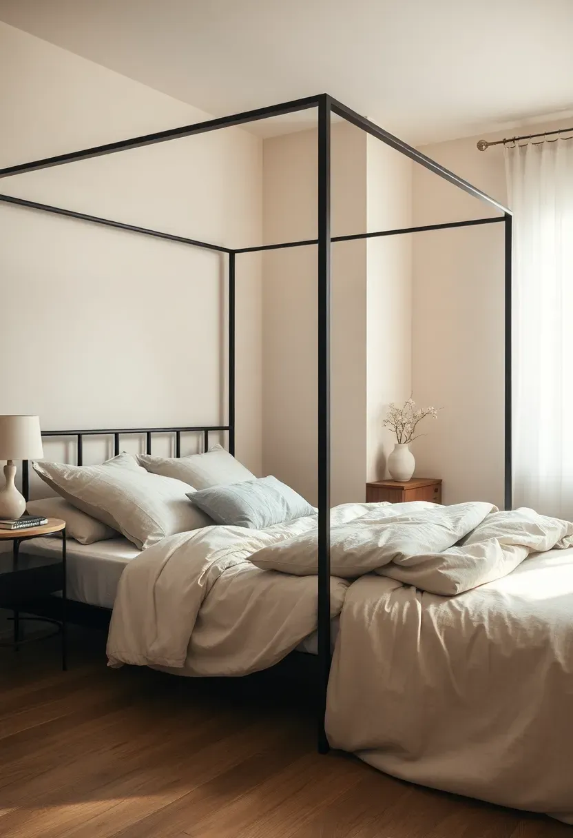 Black steel canopy frame with soft textiles