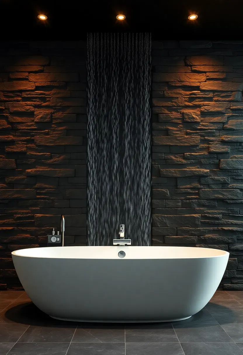 Dramatic indoor waterfall feature wall in a spa bathroom with natural stone and recessed lighting