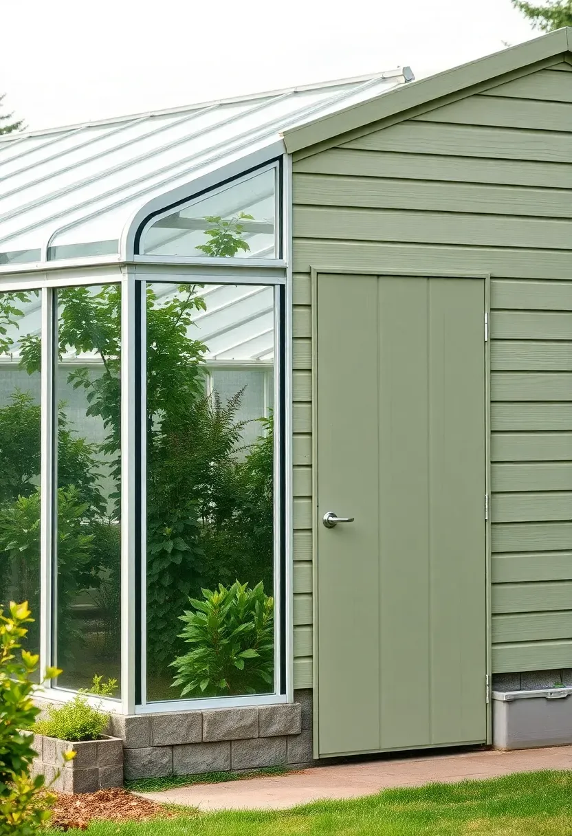 A combined greenhouse and storage shed with one half covered in clear polycarbonate panels and the other half in painted wood siding