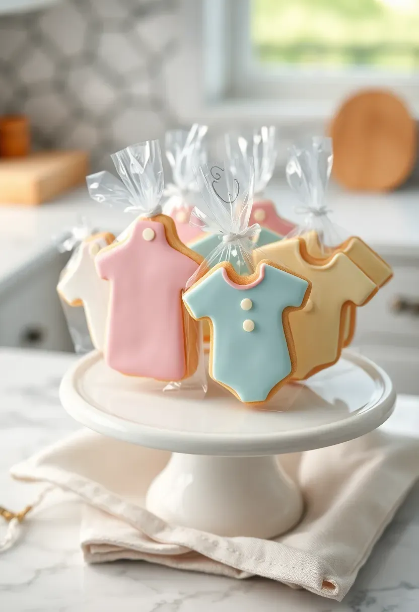 decorated sugar cookies shaped like baby bottles and onesies with pastel royal icing in clear cellophane bags