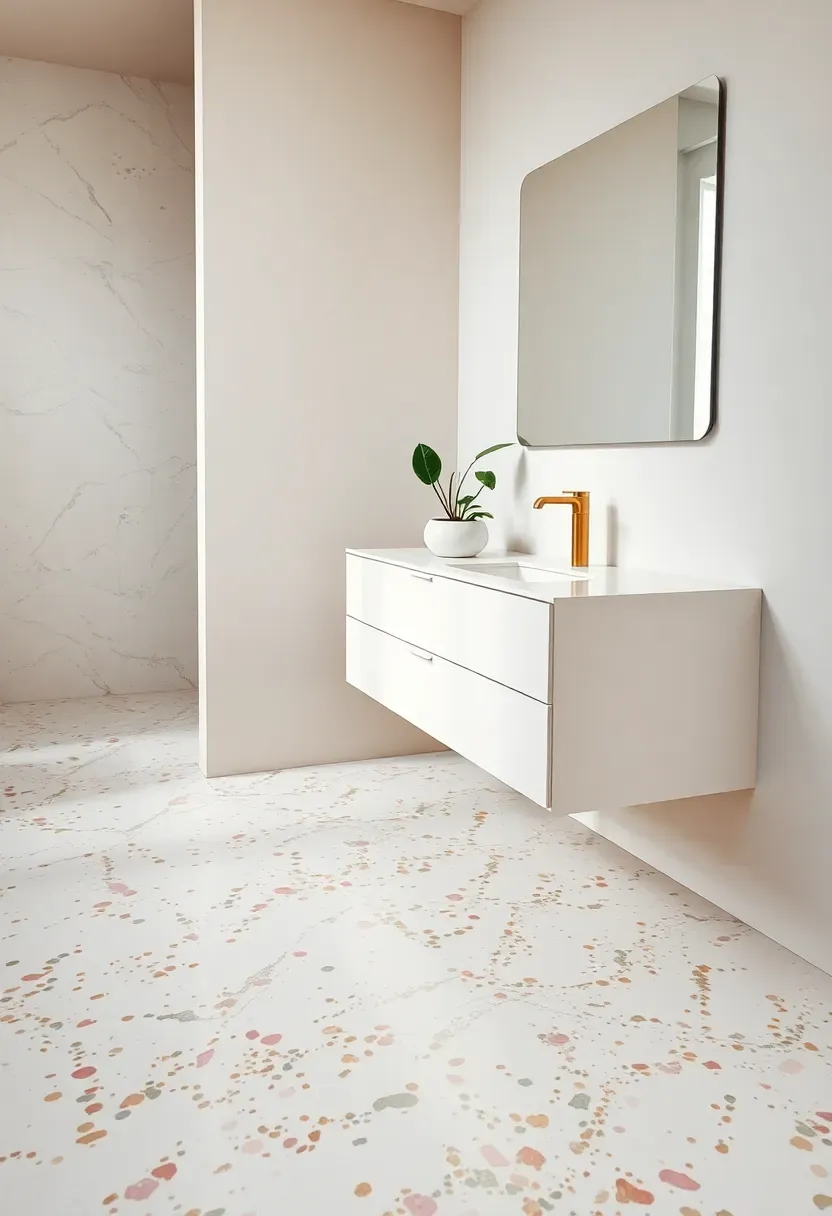 Terrazzo tile bathroom floor with white base and colorful aggregate chips pink green and gold modern vanity and potted plant
