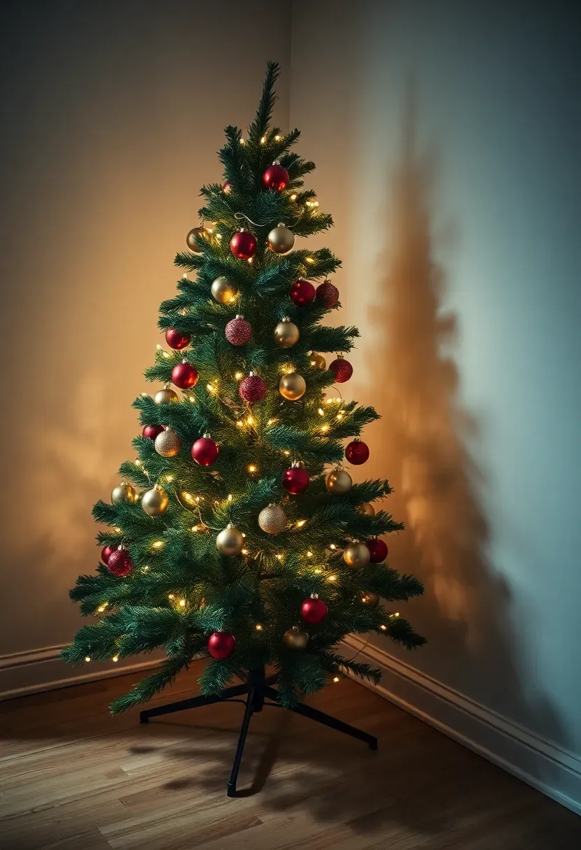 Hyper-realistic 3/4 view of a Christmas tree placed in a corner, decorated asymmetrically with ornaments only on the visible front side, while the back side remains mostly bare with only lights. Materials: green artificial pine branches, mixed ornaments in gold and red concentrated on front side, warm white LED lights throughout. Room lighting from side (3000K), creating shadows emphasizing the asymmetric decoration on wood floor. Modern mood, shallow depth of field with ornament details sharp on decorated side, visible room context with corner placement. No text, no logos, no watermarks.</p>