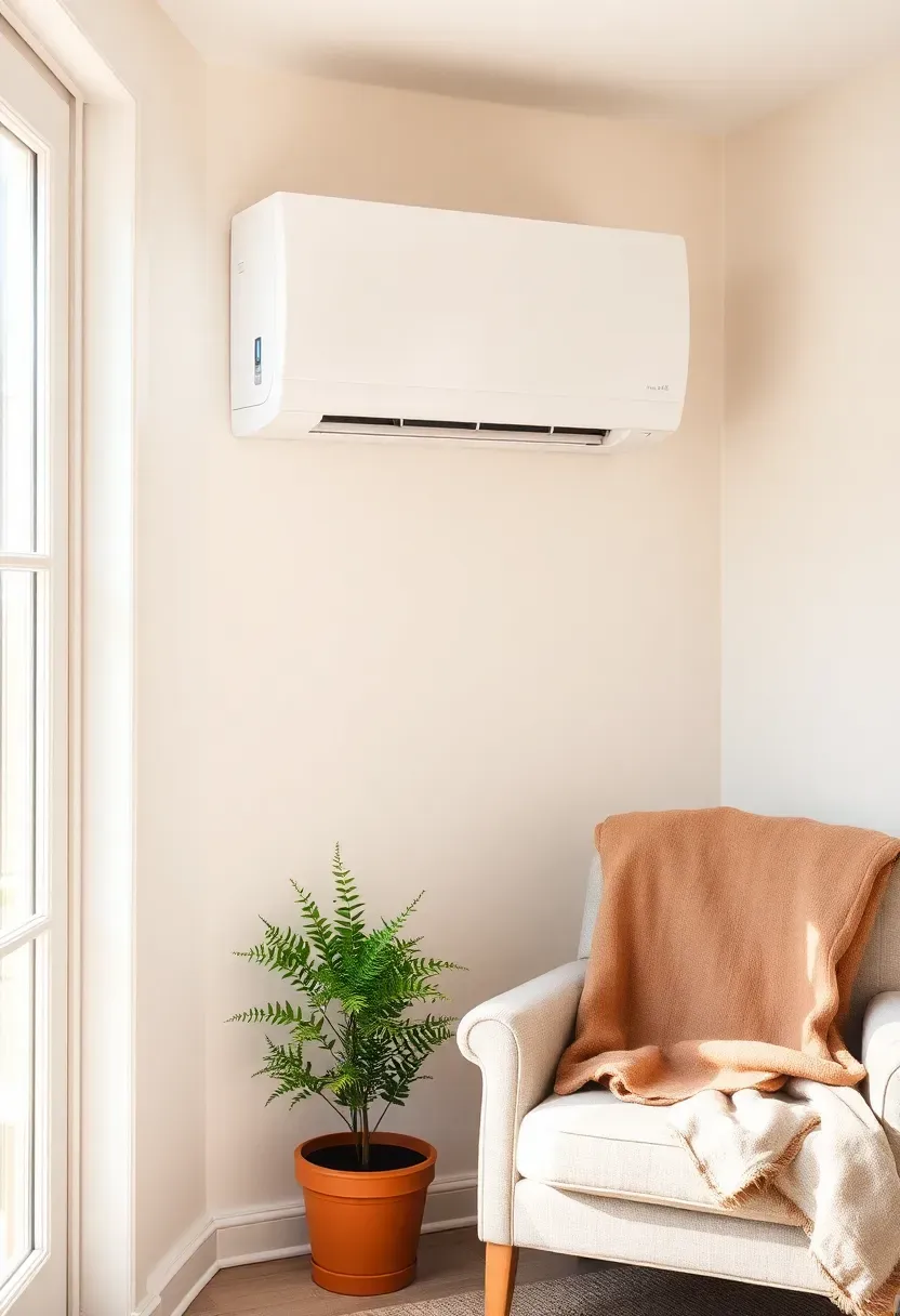Wall-mounted mini-split heat pump unit in a sunroom corner providing efficient heating and cooling year-round