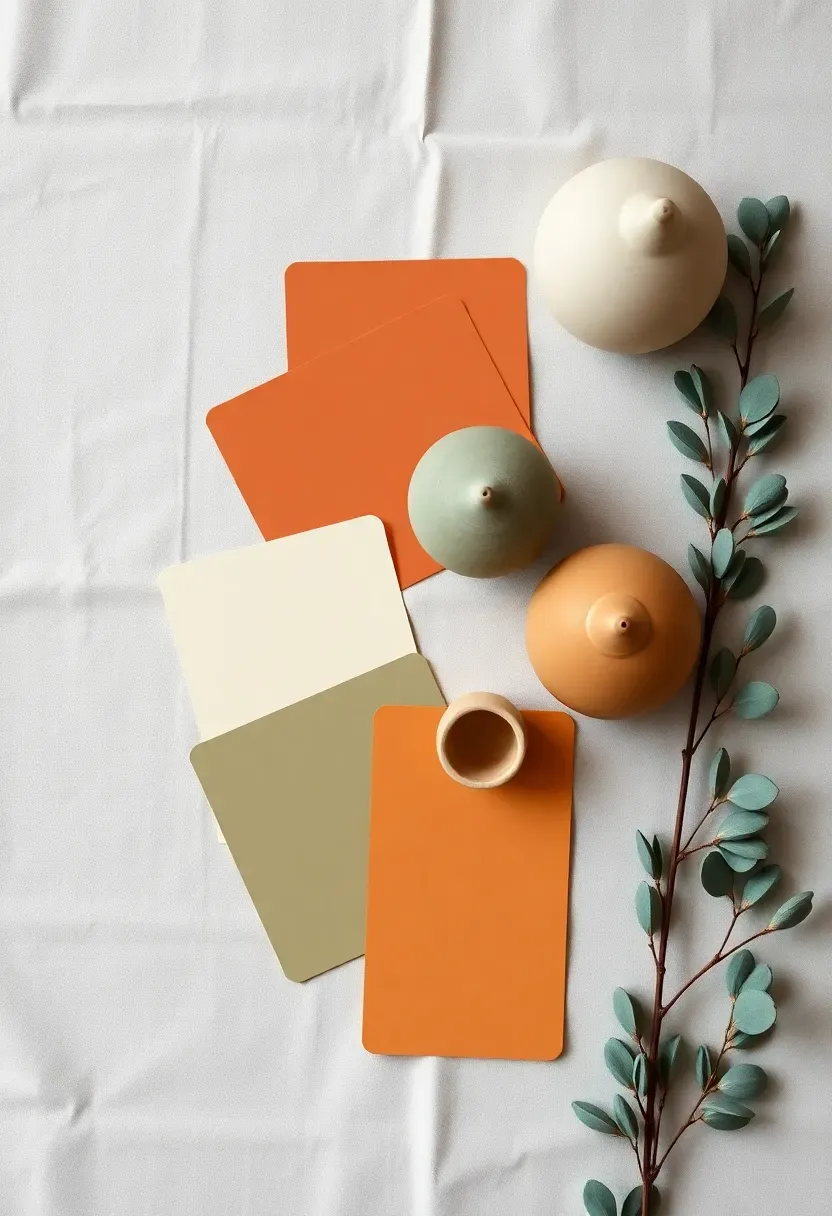 Flat lay of shelf styling objects on a linen cloth — paint swatches in warm terracotta, cream, sage and sand beside ceramic vessels, a rattan object, and dried eucalyptus stems, 2:3 portrait